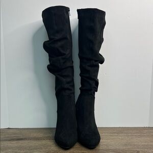 Y•NOT? Knee-High Slouch Boots | Black Suede | Block Heel | Chic Everyday